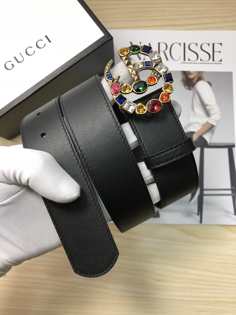 G*u*i leather belt with crystal double g buckle 513183